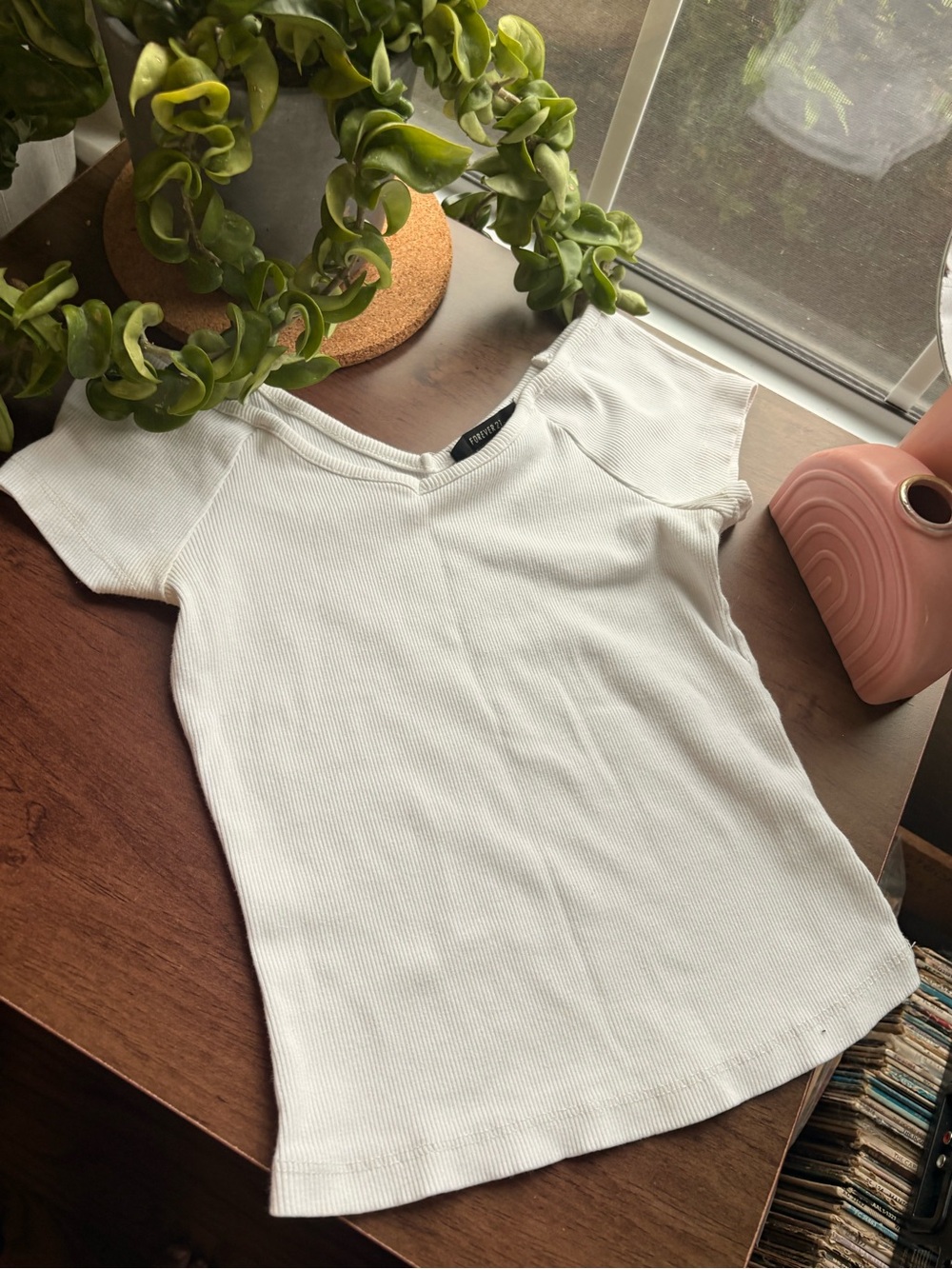 Forever 21 White Ribbed Short Sleeve Top